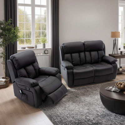 More4homes Chester Manual Recliner Bonded Leather 1+2 Seater Sofa Set (Black) Black
