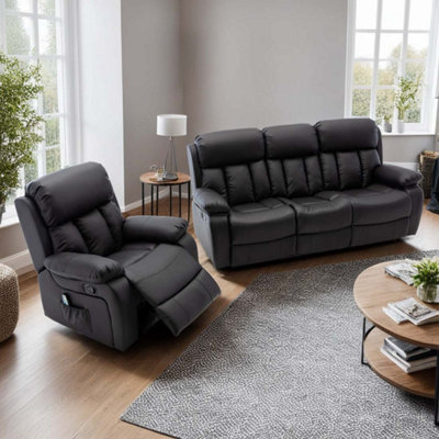More4homes Chester Manual Recliner Bonded Leather 1+3 Seater Sofa Set (Black) Black