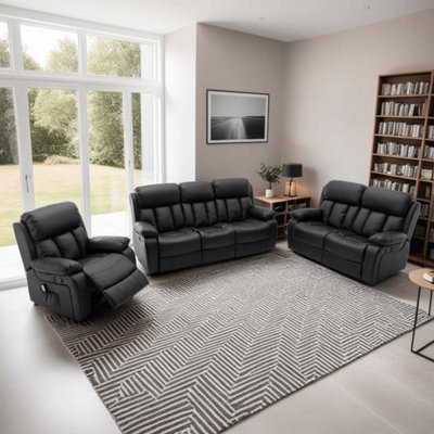More4homes Chester Manual Recliner Bonded Leather 1+2+3 Seater Sofa Set (Black) Black