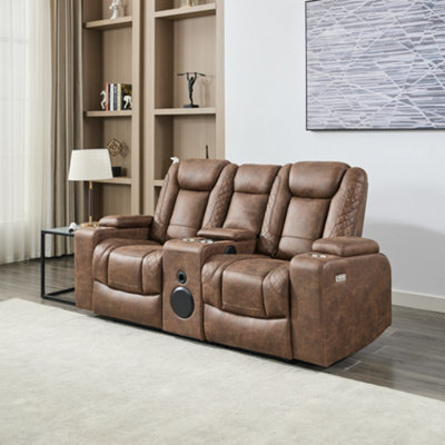 B&Q -  Ashton 2 Seater Fabric Auto Recliner Sofa With Concole Brown