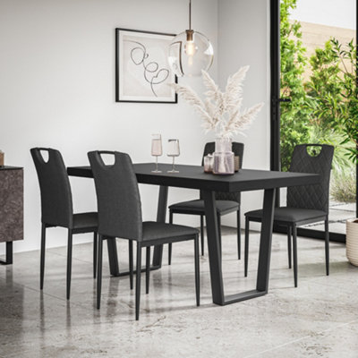 More4Homes Aria Dining Table And Chairs Black Table Top W Black Legs + Monza Linen Dining Chair Set Of 4 (Charcoal) from B&Q