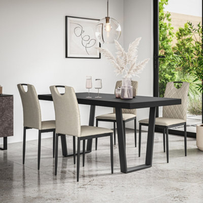 More4Homes Aria Dining Table And Chairs Black Table Top W Black Legs + Monza Linen Dining Chair Set Of 6 (Beige) from B&Q