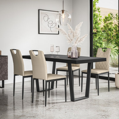 More4Homes Aria Dining Table And Chairs Black Table Top W Black Legs + Monza Faux Leather Dining Chair Set Of 4 (Beige) from B&Q