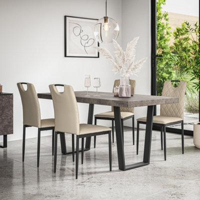 More4Homes Aria Dining Table And Chairs Concrete Effect Table Top W Black Legs + Monza Faux Leather Dining Chair Set Of 6 (Beige) from B&Q