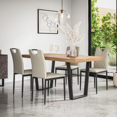 More4Homes Aria Dining Table And Chairs Oak Effect Table Top W Black Legs + Monza Linen Dining Chair Set Of 4 (Beige) from B&Q