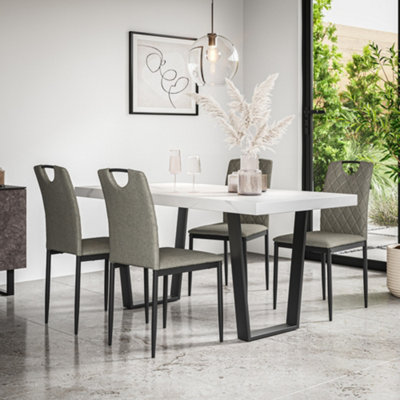 More4Homes Aria Dining Table And Chairs White Marble Effect Table Top W Black Legs + Monza Linen Dining Chair Set Of 4 (Grey) from B&Q
