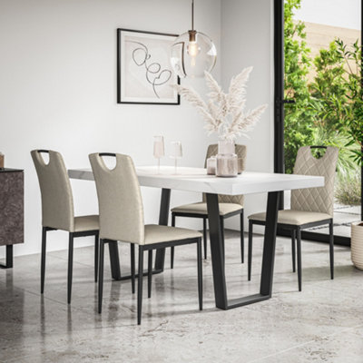 More4Homes Aria Dining Table And Chairs White Marble Effect Table Top W Black Legs + Monza Linen Dining Chair Set Of 6 (Beige) from B&Q