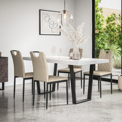 More4Homes Aria Dining Table And Chairs White Marble Effect Table Top W Black Legs + Monza Faux Leather Dining Chair Set Of 6 (Beige) from B&Q