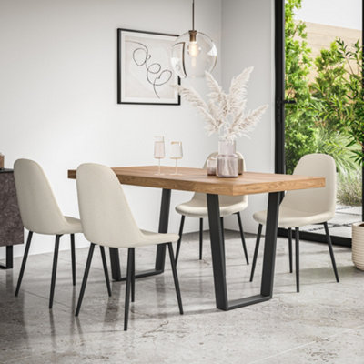 B&Q -  Aria Dining Table And Chairs Oak Effect Table Top W Black Legs + Maya Boucle Dining Chair Set Of 4 (Ivory White)