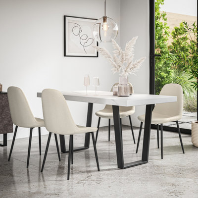 B&Q -  Aria Dining Table And Chairs White Marble Effect Table Top W Black Legs + Maya Boucle Dining Chair Set Of 6 (Ivory White)