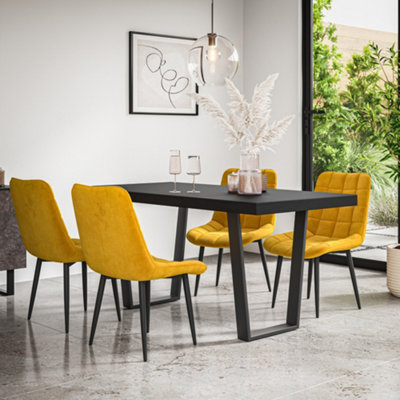 More4Homes Aria Dining Table And Chairs Black Table Top W Black Legs + Nova Velvet Dining Chair Set Of 6 (Mustard) from B&Q