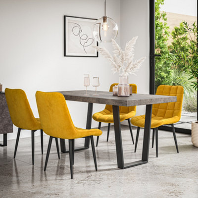 More4Homes Aria Dining Table And Chairs Concrete Effect Table Top W Black Legs + Nova Velvet Dining Chair Set Of 6 (Mustard) from B&Q