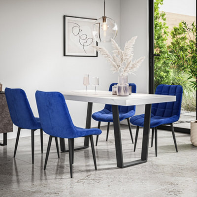 More4Homes Aria Dining Table And Chairs White Marble Effect Table Top W Black Legs + Nova Velvet Dining Chair Set Of 6 (Blue) from B&Q