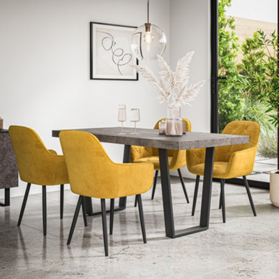 More4Homes Aria Dining Table And Chairs Concrete Effect Table Top W Black Legs + Anika Velvet Dining Chair Set Of 4 (Mustard) from B&Q