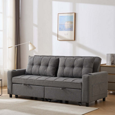 B&Q -  Hudson 3-Seater Sofa Bed Linen Fabric With Cup Holders Grey