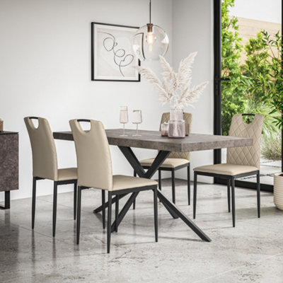 More4Homes Donni Dining Table And Chairs Concrete Effect Table Top W Black Legs + Monza Faux Leather Dining Chair Set Of 4 (Beige) from B&Q