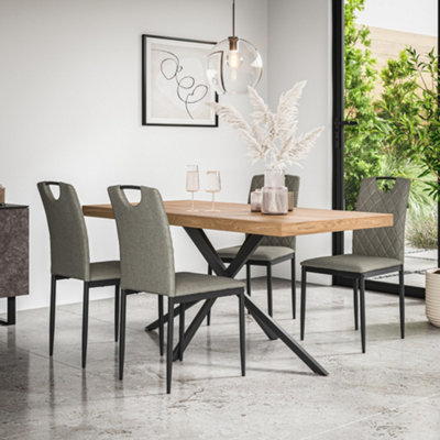 More4Homes Donni Dining Table And Chairs Oak Effect Table Top W Black Legs + Monza Linen Dining Chair Set Of 6 (Grey) from B&Q