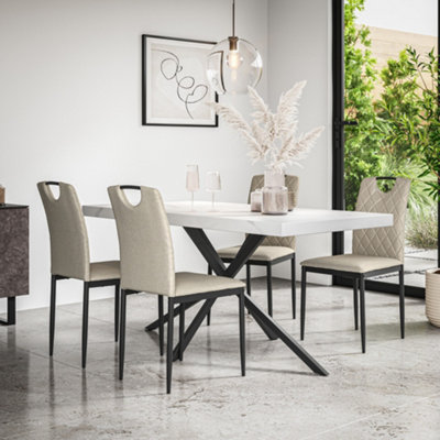 More4Homes Donni Dining Table And Chairs White Marble Effect Table Top W Black Legs + Monza Linen Dining Chair Set Of 4 (Beige) from B&Q