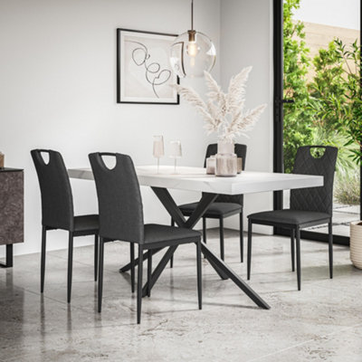More4Homes Donni Dining Table And Chairs White Marble Effect Table Top W Black Legs + Monza Linen Dining Chair Lset Of 6 (Charcoal) from B&Q