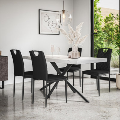 More4Homes Donni Dining Table And Chairs White Marble Effect Table Top W Black Legs + Monza Faux Leather Dining Chair Set Of 4 (Black) from B&Q