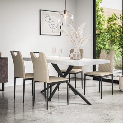 More4Homes Donni Dining Table And Chairs White Marble Effect Table Top W Black Legs + Monza Faux Leather Dining Chair Set Of 6 (Beige) from B&Q