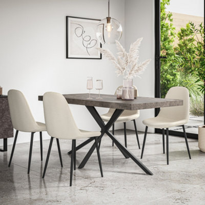 B&Q -  Donni Dining Table And Chairs Concrete Effect Table Top W Black Legs + Maya Boucle Dining Chair Set Of 6 (Ivory White)