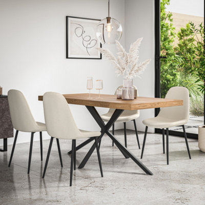 B&Q -  Donni Dining Table And Chairs Oak Effect Table Top W Black Legs + Maya Boucle Dining Chair Set Of 4 (Ivory White)