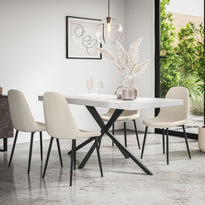 B&Q -  Donni Dining Table And Chairs White Marble Effect Table Top W Black Legs + Maya Boucle Dining Chair Set Of 6 (Ivory White)