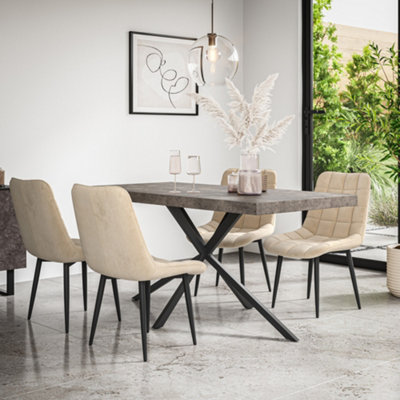 More4Homes Donni Dining Table And Chairs Concrete Effect Table Top W Black Legs + Nova Velvet Dining Chair Set Of 4 (Beige) from B&Q
