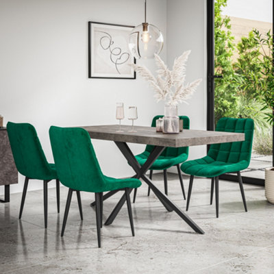 More4Homes Donni Dining Table And Chairs Concrete Effect Table Top W Black Legs + Nova Velvet Dining Chair Set Of 4 (Green) from B&Q
