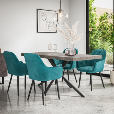 More4Homes Donni Dining Table And Chairs Concrete Effect Table Top W Black Legs + Anika Velvet Dining Chair Set Of 4 (Blue) from B&Q