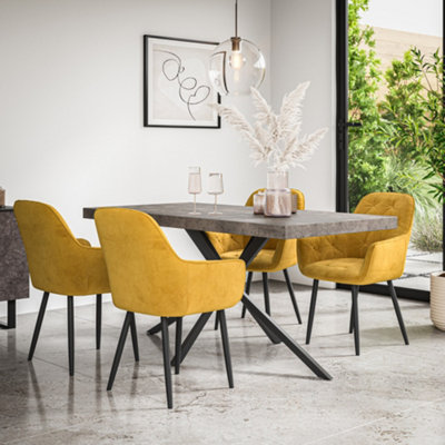 More4Homes Donni Dining Table And Chairs Concrete Effect Table Top W Black Legs + Anika Velvet Dining Chair Set Of 6 (Mustard) from B&Q