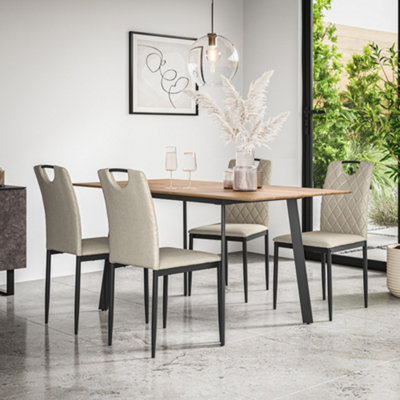 B&Q -  Haydon Extending Dining Table And Chairs Oak Effect Table Top W Black Legs + Monza Linen Dining Chair Set Of 4 (Beige)