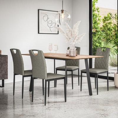 B&Q -  Haydon Extending Dining Table And Chairs Oak Effect Table Top W Black Legs + Monza Linen Dining Chair Set Of 6 (Grey)