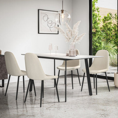 B&Q -  Haydon Extending Dining Table + Chairs- White Marble Effect Table Top W Black Legs + 6 Maya Boucle Dining Chairs (Ivory White)