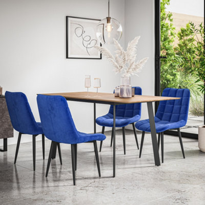 B&Q -  Haydon Extending Dining Table + Chairs- Oak Effect Table Top W Black Legs + Nova Velvet Dining Chair Set Of 4 (Blue)