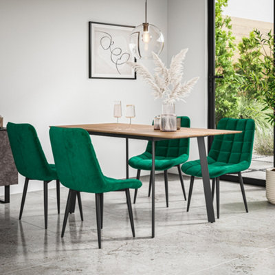 B&Q -  Haydon Extending Dining Table + Chairs- Oak Effect Table Top W Black Legs + Nova Velvet Dining Chair Set Of 4 (Green)