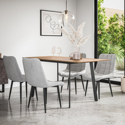 B&Q -  Haydon Extending Dining Table + Chairs- Oak Effect Table Top W Black Legs + Nova Velvet Dining Chair Set Of 4 (Grey)