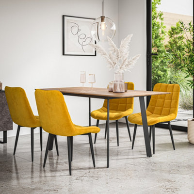 B&Q -  Haydon Extending Dining Table + Chairs- Oak Effect Table Top W Black Legs + Nova Velvet Dining Chair Set Of 4 (Mustard)