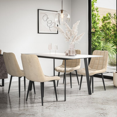 B&Q -  Haydon Extending Dining Table + Chairs- White Marble Effect Table Top W Black Legs + Nova Velvet Dining Chair Set Of 6 (Beige)