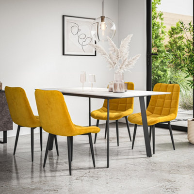B&Q -  Haydon Extending Dining Table + Chairs- White Marble Effect Table Top W Black Legs + Nova Velvet Dining Chair Set Of 6 (Mustard)