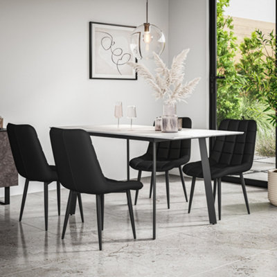 B&Q -  Haydon Extending Dining Table + Chairs- White Marble Effect Table Top W Black Legs + 6 Nova Faux Leather Dining Chairs (Black)