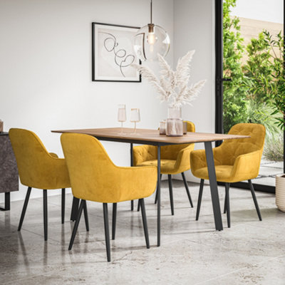 B&Q -  Haydon Extending Dining Table And Chairs Oak Effect Table Top W Black Legs + Anika Velvet Dining Chair Set Of 4 (Mustard)