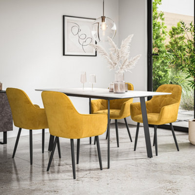 B&Q -  Haydon Extending Dining Table + Chairs- White Marble Effect Table Top W Black Legs + Anika Velvet Dining Chair Set Of 6 (Mustard)
