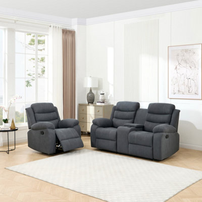 More4Homes Boston Manual Recliner Fabric 1+2 Seater Sofa Set W Drinks Console (Grey) from B&Q