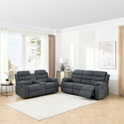 More4Homes Boston Manual Recliner Fabric 2+3 Seater Sofa Set W Drinks Console (Grey) from B&Q