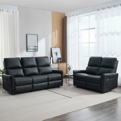 B&Q -  Madrid 2+3 Seater Manual Recliner Air Leather Sofa Set (Black)