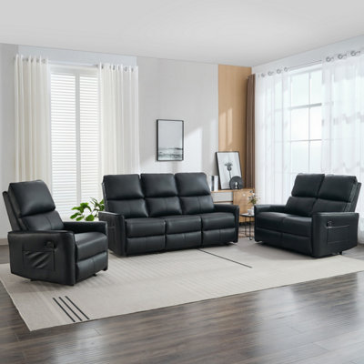 More4homes Black Madrid 1+2+3 Seater Manual Recliner Air Leather Sofa Set (Black) Size 1
