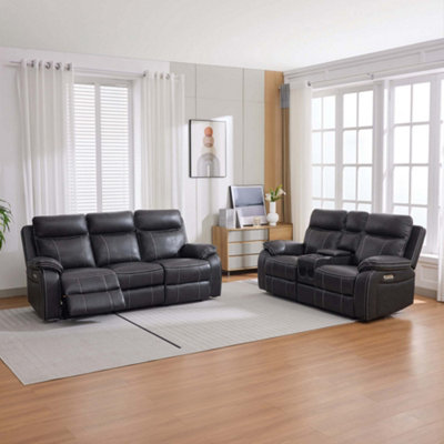 More4Homes Vinson Electric Recliner 2+3 Seater Sofa Set Air Leather With Speakers & Usb-C Charging (Charcoal) from B&Q