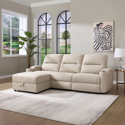 More4Homes Avery 3 Seater Electric Recliner Chaise Lounge Fabric Sofa (Beige) from B&Q